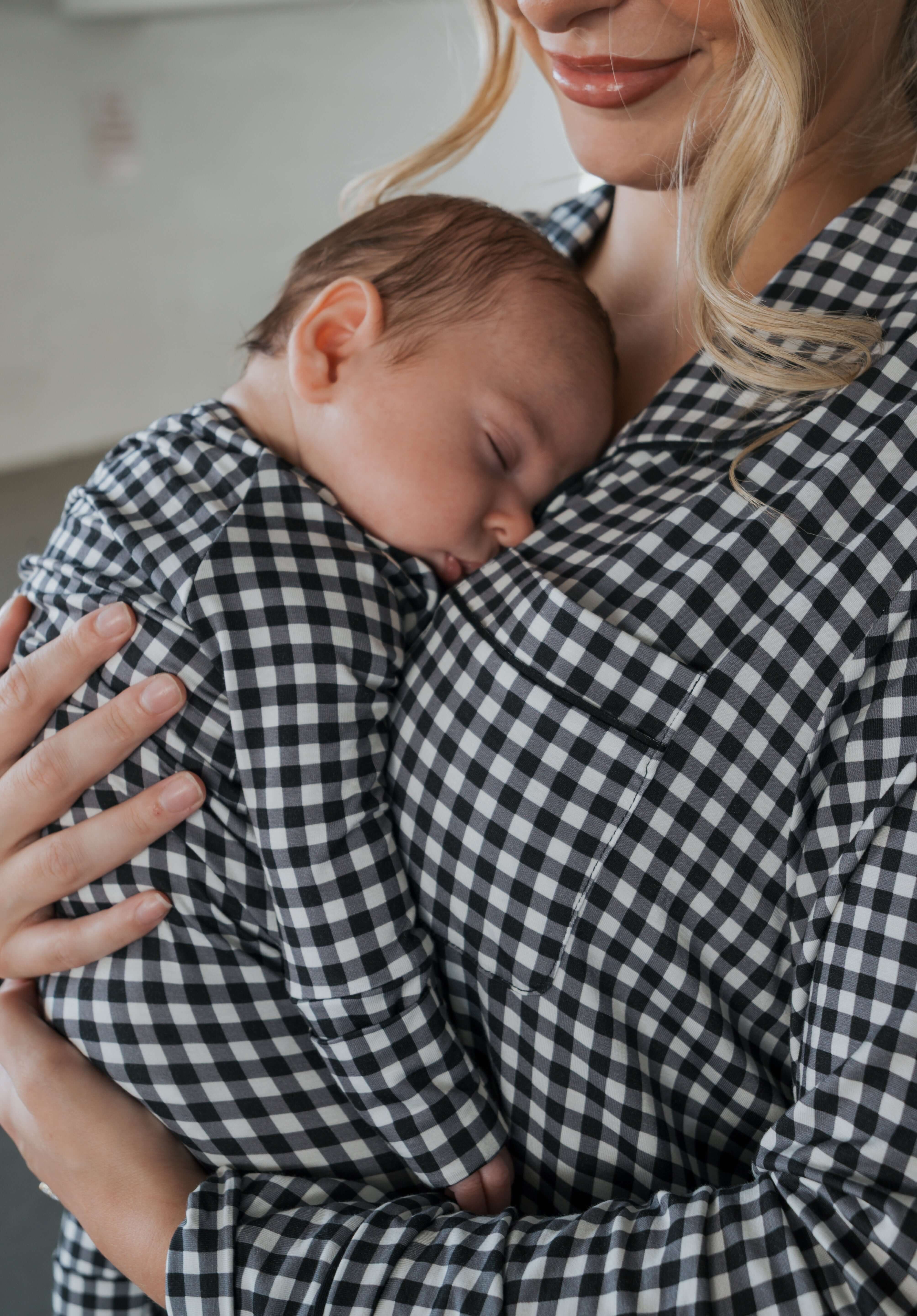 Black Gingham | Women's Bamboo Button Up Lounge Set | Say hello to your NEW favorite set. Our women’s bamboo lounge set just got an upgrade — now featuring a long-sleeve button-up top, designed with an effortless drop hem. Paired with our signature wide l