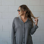 Black Gingham | Women's Bamboo Button Up Lounge Set | Say hello to your NEW favorite set. Our women’s bamboo lounge set just got an upgrade — now featuring a long-sleeve button-up top, designed with an effortless drop hem. Paired with our signature wide l