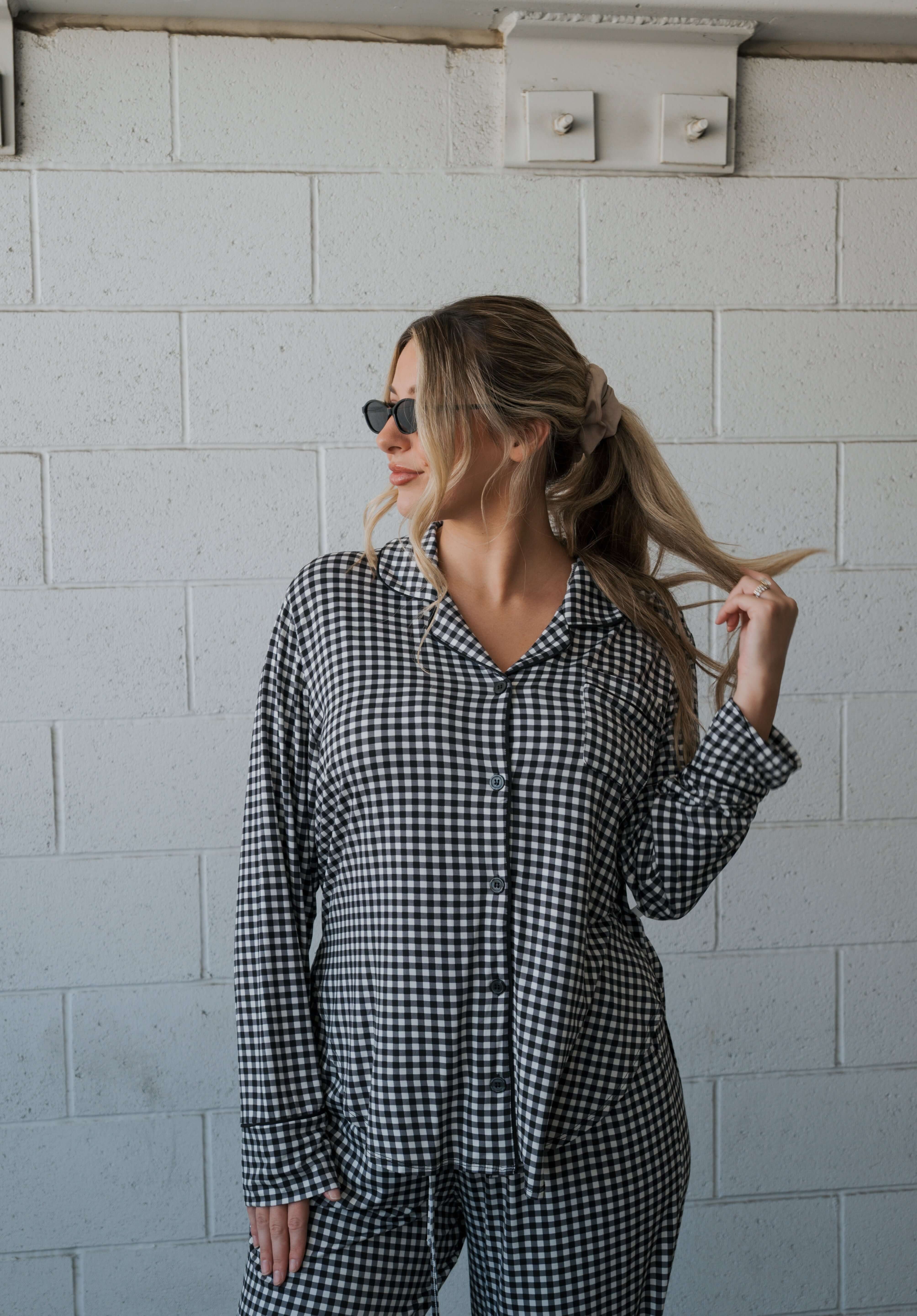 Black Gingham | Women's Bamboo Button Up Lounge Set | Say hello to your NEW favorite set. Our women’s bamboo lounge set just got an upgrade — now featuring a long-sleeve button-up top, designed with an effortless drop hem. Paired with our signature wide l