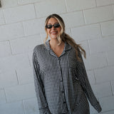 Black Gingham | Women's Bamboo Button Up Lounge Set | Say hello to your NEW favorite set. Our women’s bamboo lounge set just got an upgrade — now featuring a long-sleeve button-up top, designed with an effortless drop hem. Paired with our signature wide l