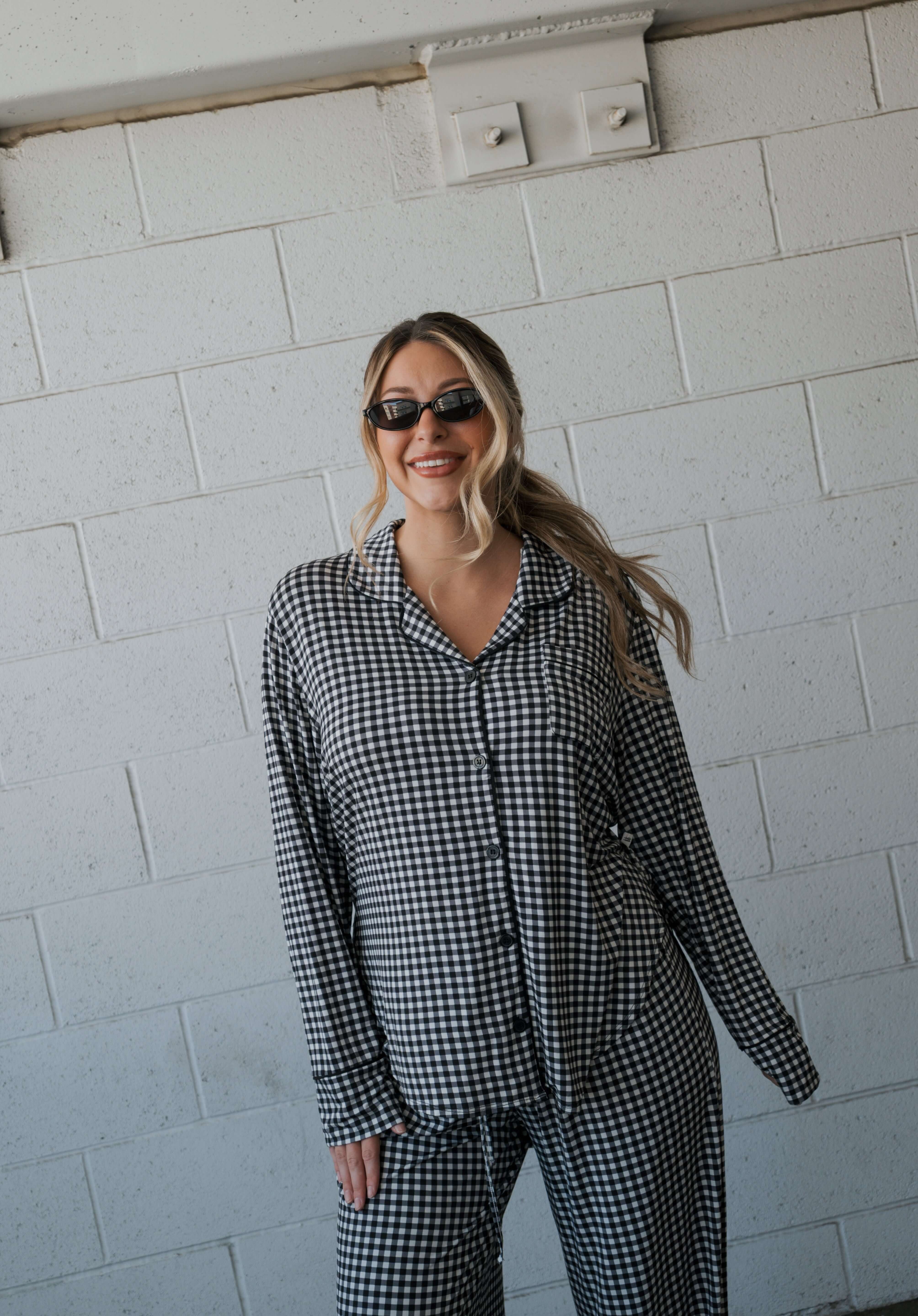 Black Gingham | Women's Bamboo Button Up Lounge Set | Say hello to your NEW favorite set. Our women’s bamboo lounge set just got an upgrade — now featuring a long-sleeve button-up top, designed with an effortless drop hem. Paired with our signature wide l