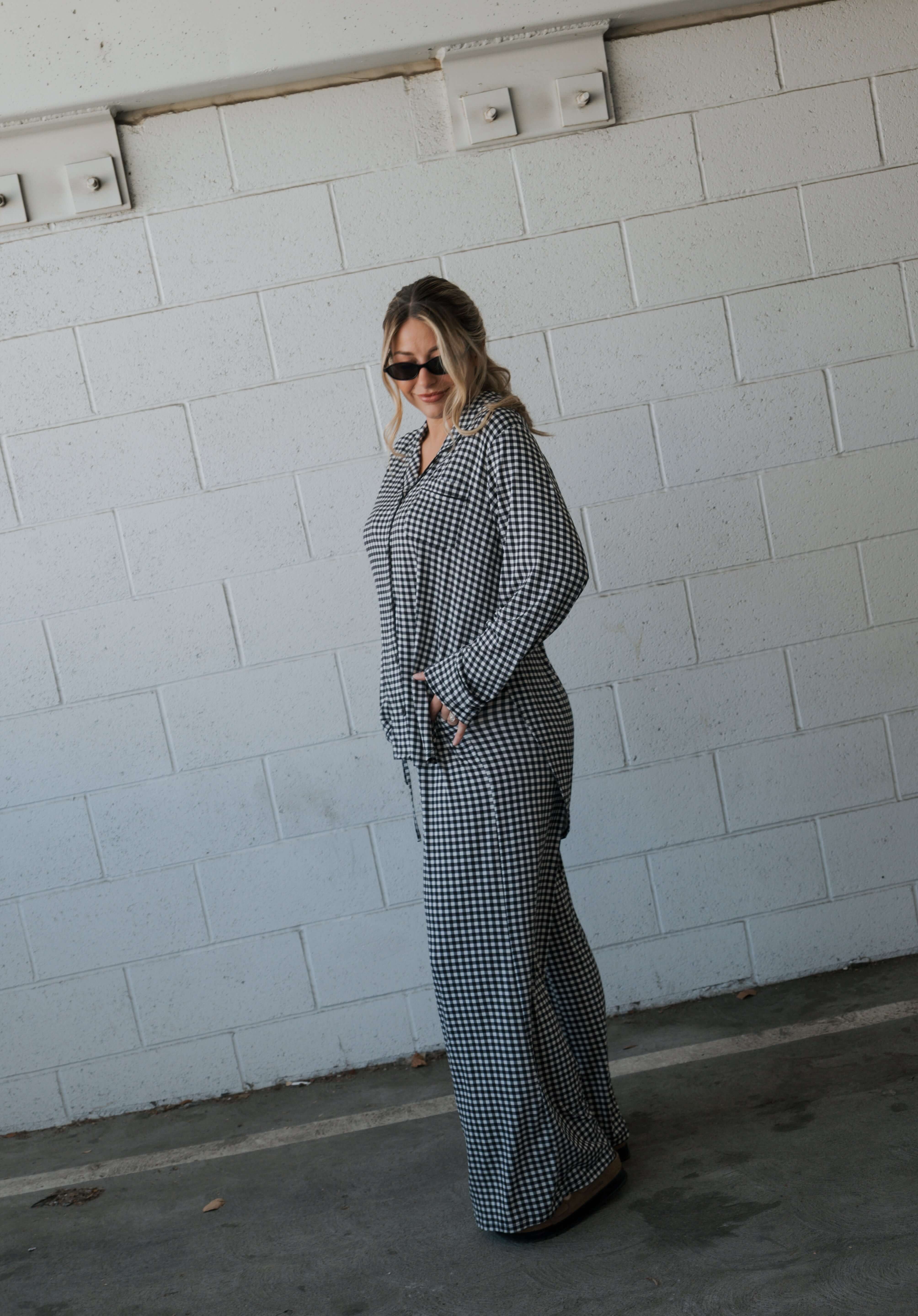 Black Gingham | Women's Bamboo Button Up Lounge Set | Say hello to your NEW favorite set. Our women’s bamboo lounge set just got an upgrade — now featuring a long-sleeve button-up top, designed with an effortless drop hem. Paired with our signature wide l