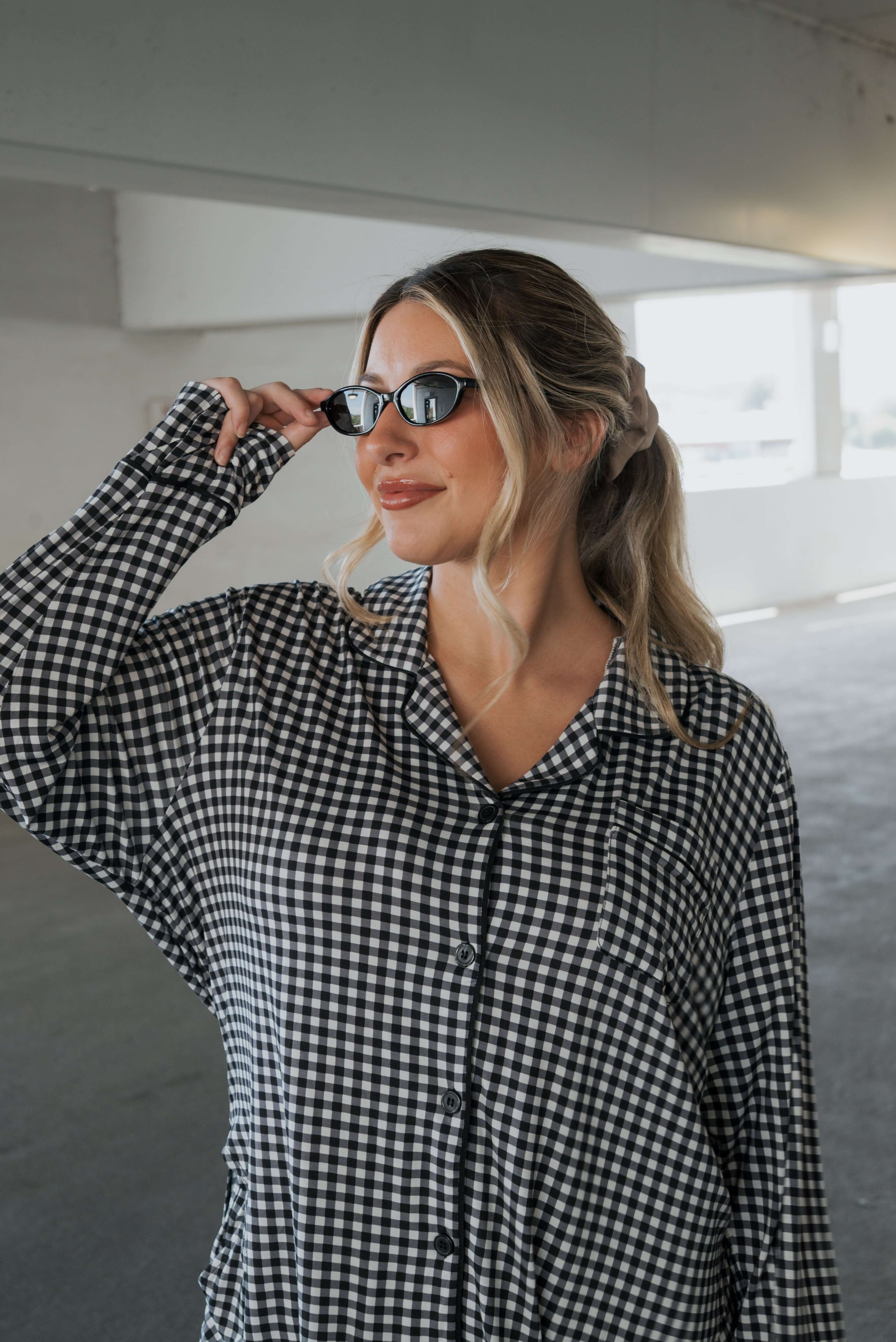 Black Gingham | Women's Bamboo Button Up Lounge Set | Say hello to your NEW favorite set. Our women’s bamboo lounge set just got an upgrade — now featuring a long-sleeve button-up top, designed with an effortless drop hem. Paired with our signature wide l
