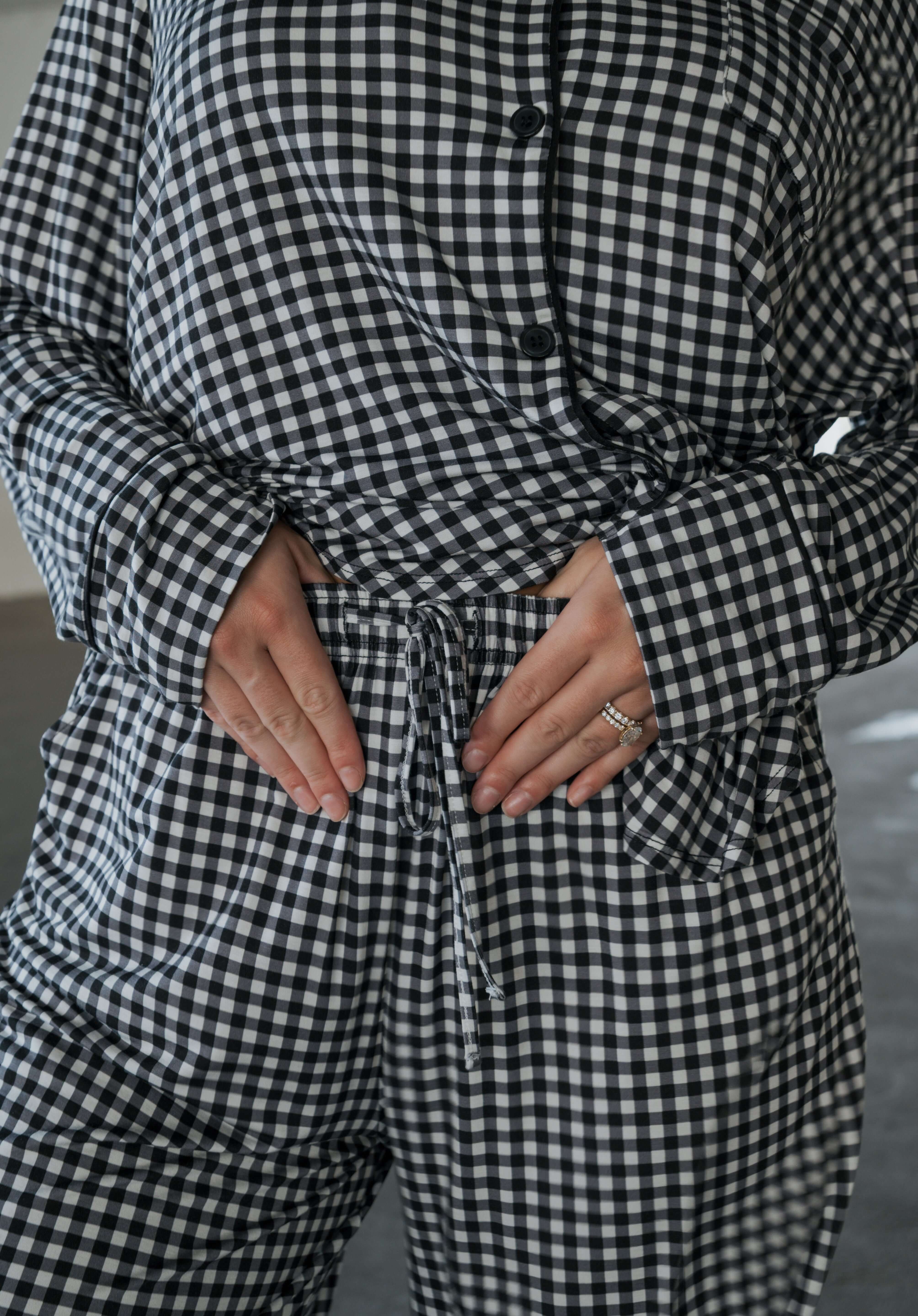 Black Gingham | Women's Bamboo Button Up Lounge Set | Say hello to your NEW favorite set. Our women’s bamboo lounge set just got an upgrade — now featuring a long-sleeve button-up top, designed with an effortless drop hem. Paired with our signature wide l