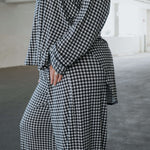Black Gingham | Women's Bamboo Button Up Lounge Set | Say hello to your NEW favorite set. Our women’s bamboo lounge set just got an upgrade — now featuring a long-sleeve button-up top, designed with an effortless drop hem. Paired with our signature wide l