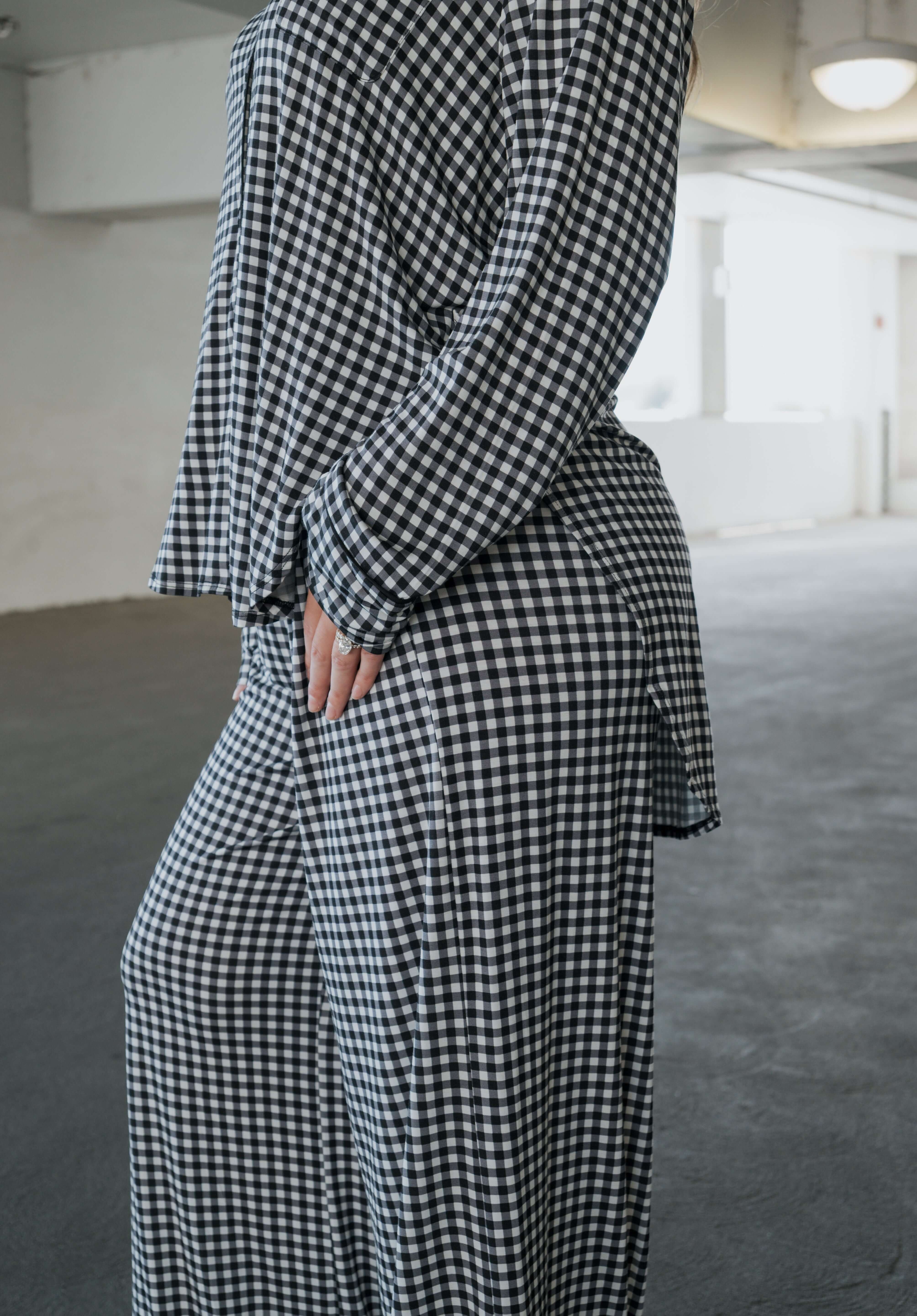 Black Gingham | Women's Bamboo Button Up Lounge Set | Say hello to your NEW favorite set. Our women’s bamboo lounge set just got an upgrade — now featuring a long-sleeve button-up top, designed with an effortless drop hem. Paired with our signature wide l