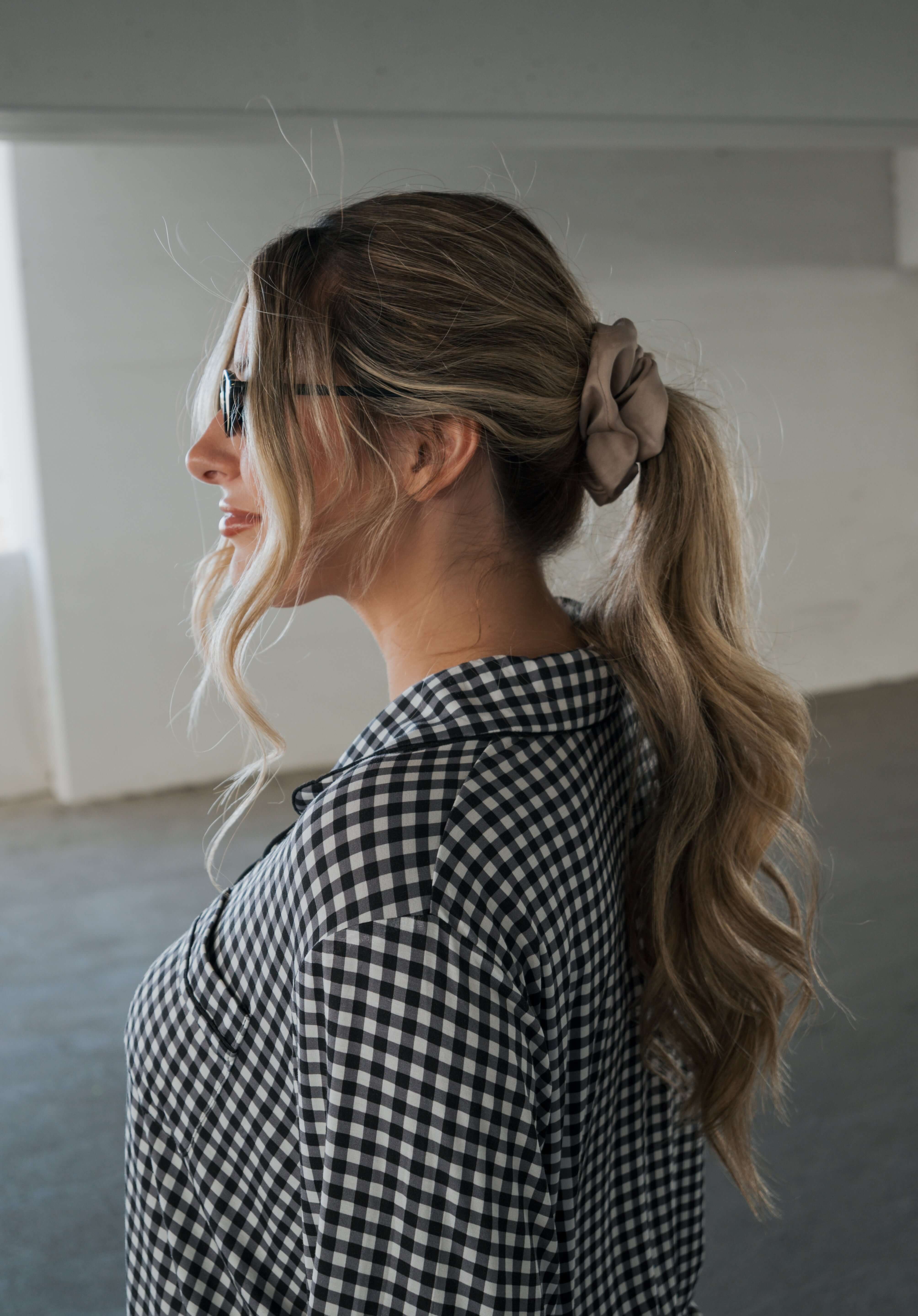 Black Gingham | Women's Bamboo Button Up Lounge Set | Say hello to your NEW favorite set. Our women’s bamboo lounge set just got an upgrade — now featuring a long-sleeve button-up top, designed with an effortless drop hem. Paired with our signature wide l