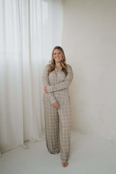 Linen Grid | Women's Bamboo Button Up Lounge Set | Discover the Women's Bamboo Button Up Lounge Set, featuring a chic drop hem top and comfy wide leg pants for stylish relaxation. Perfect for you and your mini! | Milk & Baby