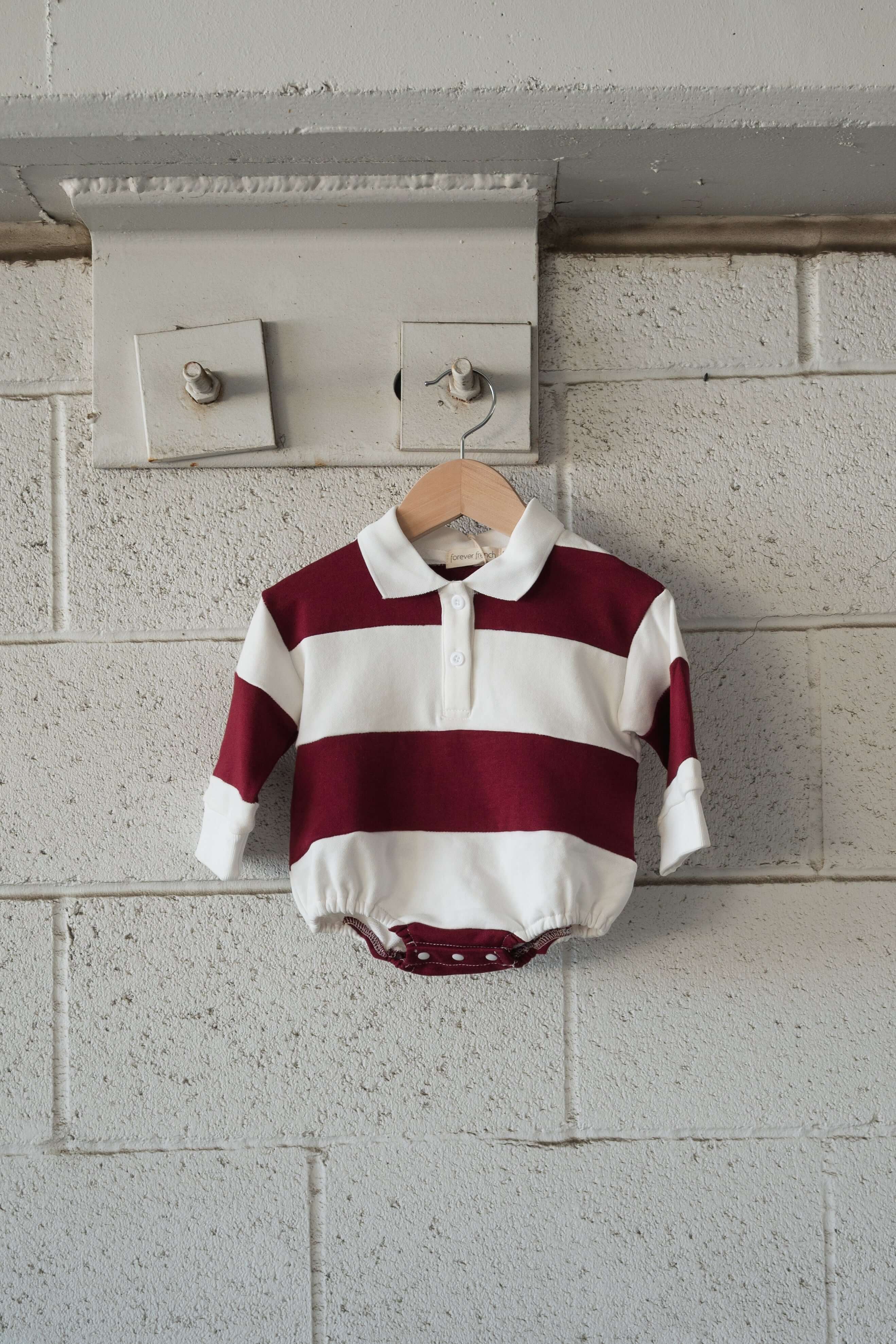 Rugby Sweatshirt Romper | Deep Cranberry | Discover the perfect Mommy and Me style with our Rugby Sweatshirt Romper! Cozy and cute for everyday play, available in sizes from newborn to 24 months. | Milk & Baby