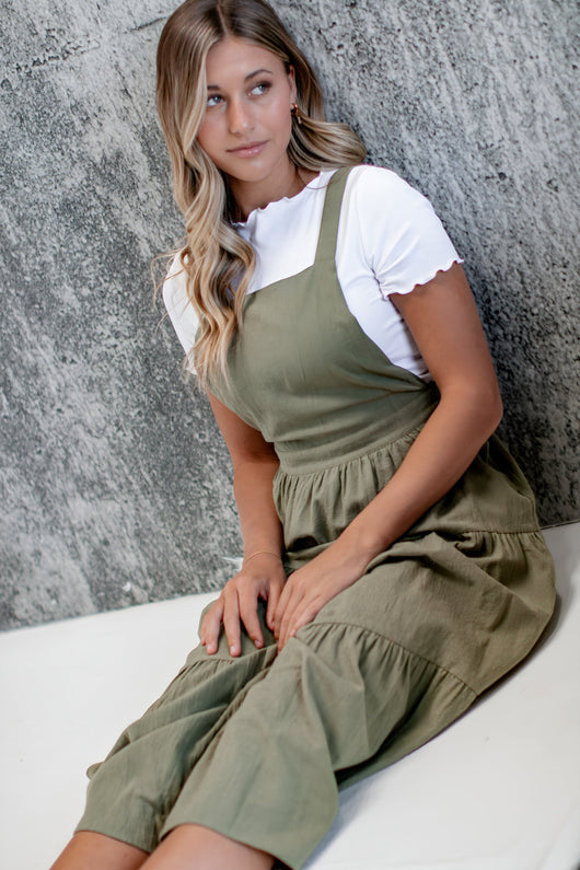 Shay Overall Dress in Olive Green | Nursing Friendly Milk & Baby