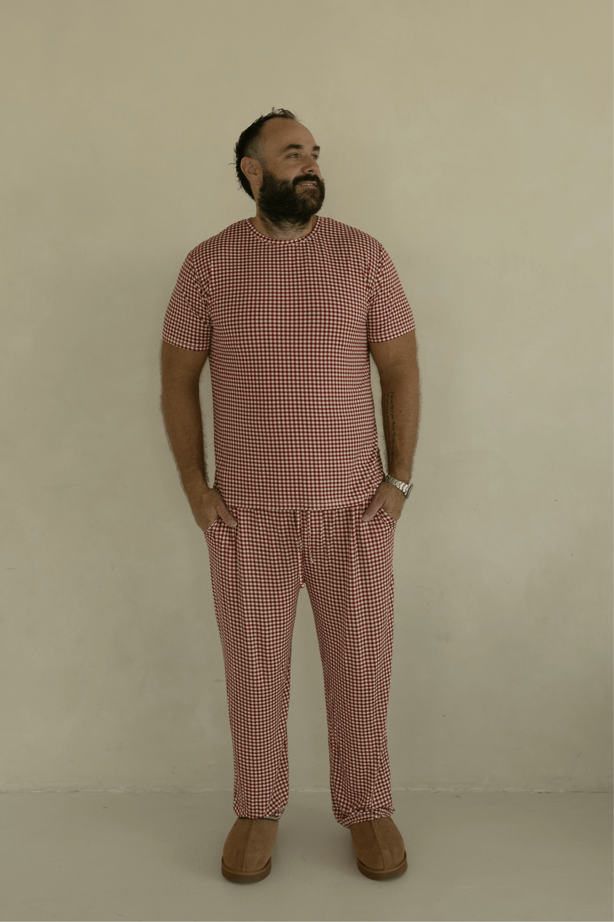 Men's Short Sleeve Bamboo Pajamas | Red Gingham | Milk & Baby