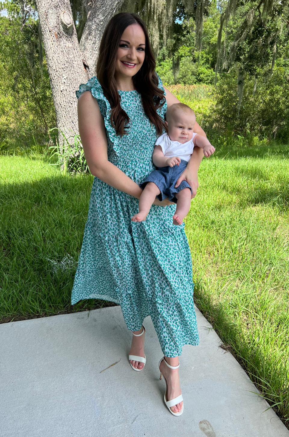 Smocked Floral Print Nursing Midi Dress - nursing with baby