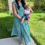 Smocked Floral Print Nursing Midi Dress - nursing with baby