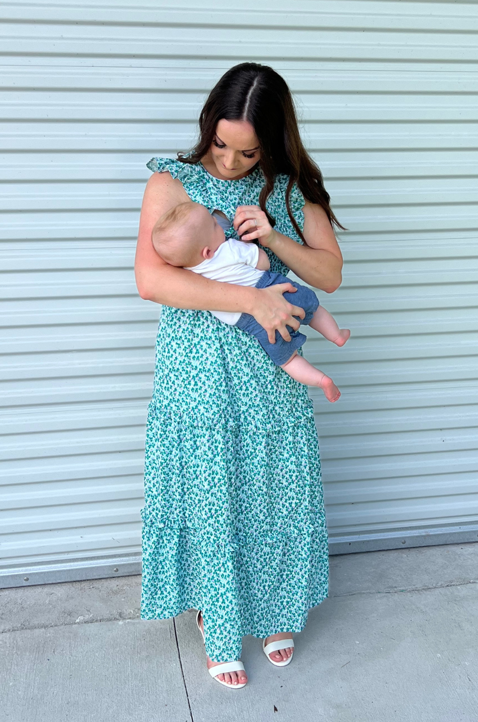 Smocked Floral Print Nursing Midi Dress - mom and baby