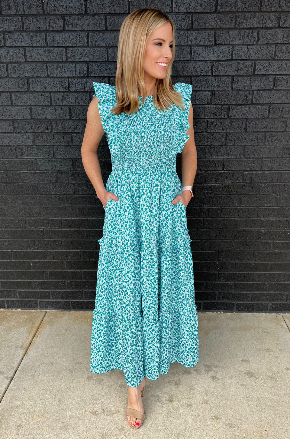 Smocked Floral Print Nursing Midi Dress - styled