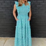 Smocked Floral Print Nursing Midi Dress - styled