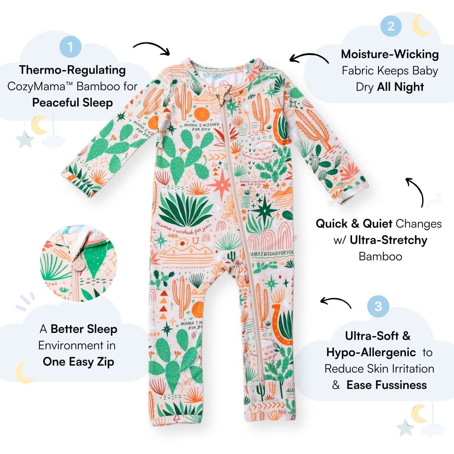Desert Cactus Vibes | Bamboo Footless Onesie Romper | "Mama, I Wished for You" | Milk & Baby