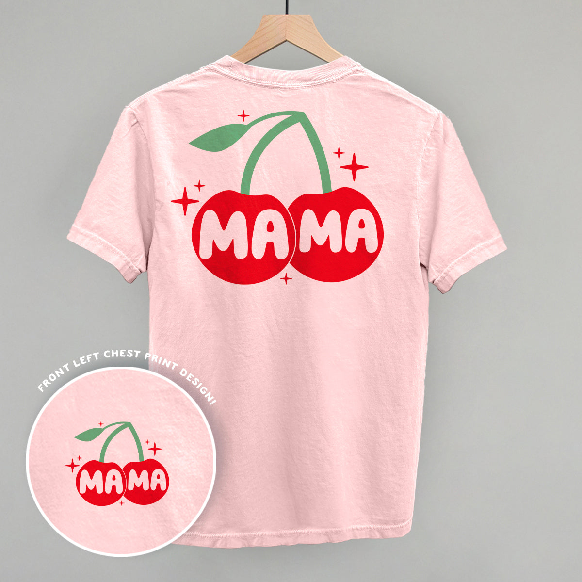 Mama Cherries + Sparkles Graphic T featuring a vibrant back print design with cherries and sparkles.