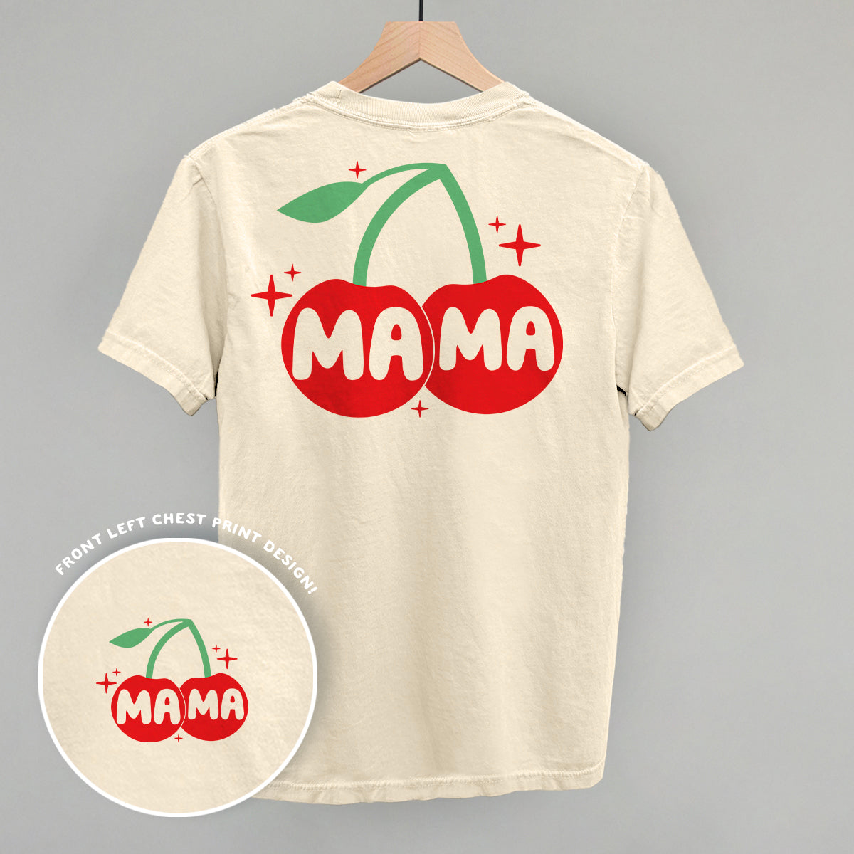 Mama Cherries + Sparkles Graphic T showing back print design with red cherries and green leaves.