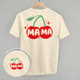 Mama Cherries + Sparkles Graphic T showing back print design with red cherries and green leaves.