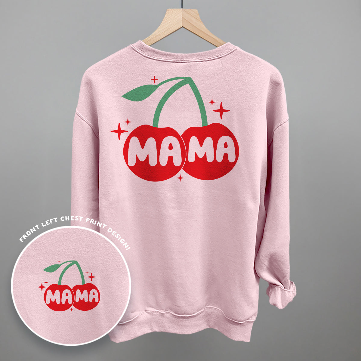 Mama Cherries + Sparkles Graphic T featuring a pink crew with cherry design and front chest print.