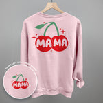 Mama Cherries + Sparkles Graphic T featuring a pink crew with cherry design and front chest print.