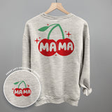 Mama Cherries + Sparkles Graphic T featuring a grey sweatshirt with cherry design on the back and chest.