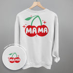 Back view of a Mama Cherries + Sparkles Graphic T featuring vibrant red cherries and stylish text.