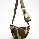 Classic Crossbody Diaper Bag | Camo | A compact, hands-free crossbody diaper bag in camo. Fits diapers, wipes and an 8oz bottle, with a changing sheet and RFID card slots. | Milk & Baby