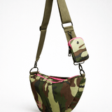 Classic Crossbody Diaper Bag | Camo | A compact, hands-free crossbody diaper bag in camo. Fits diapers, wipes and an 8oz bottle, with a changing sheet and RFID card slots. | Milk & Baby