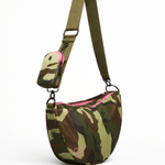 Classic Crossbody Diaper Bag | Camo | A compact, hands-free crossbody diaper bag in camo. Fits diapers, wipes and an 8oz bottle, with a changing sheet and RFID card slots. | Milk & Baby