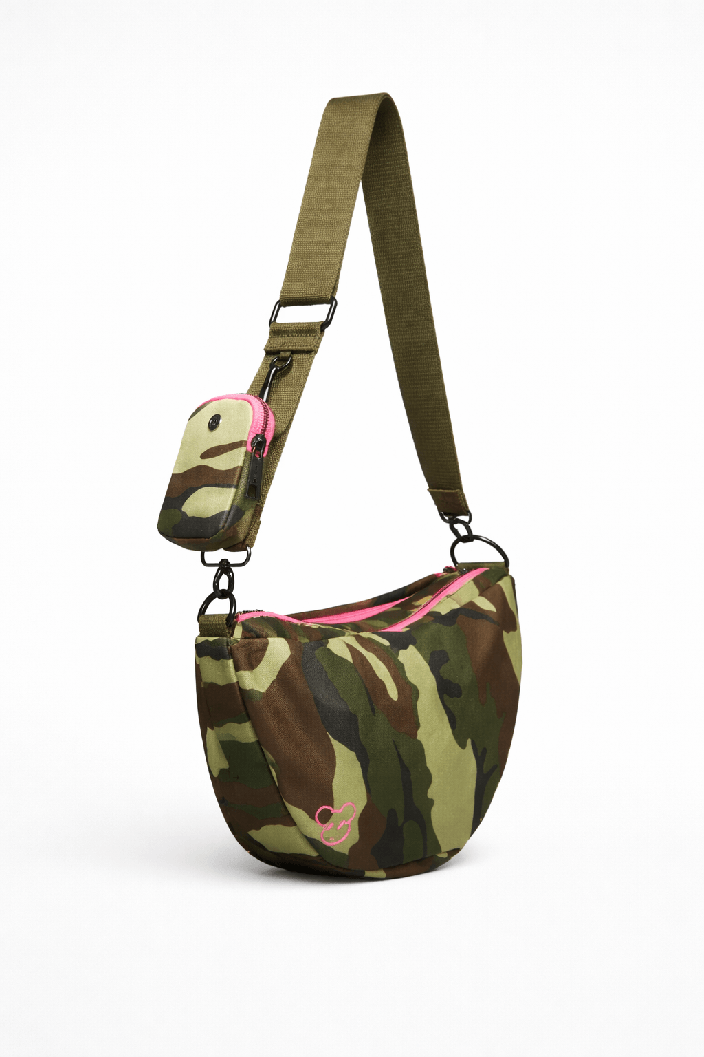 Classic Crossbody Diaper Bag | Camo | A compact, hands-free crossbody diaper bag in camo. Fits diapers, wipes and an 8oz bottle, with a changing sheet and RFID card slots. | Milk & Baby