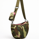 Classic Crossbody Diaper Bag | Camo | A compact, hands-free crossbody diaper bag in camo. Fits diapers, wipes and an 8oz bottle, with a changing sheet and RFID card slots. | Milk & Baby