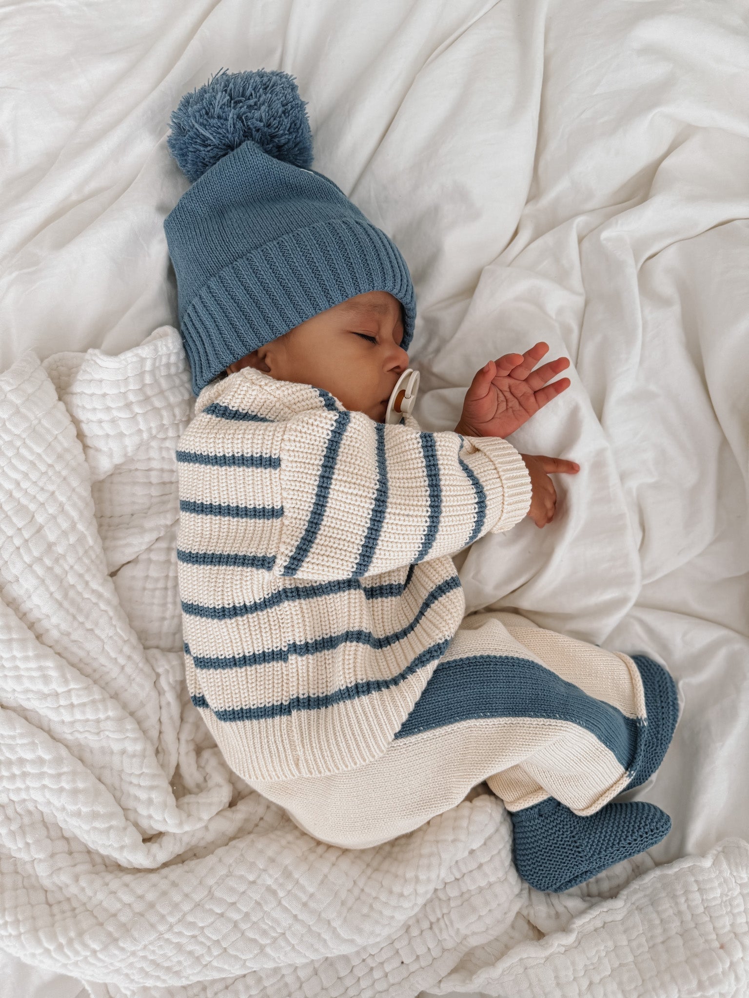 Chunky Knit Striped Sweater Cream Denim Blue
