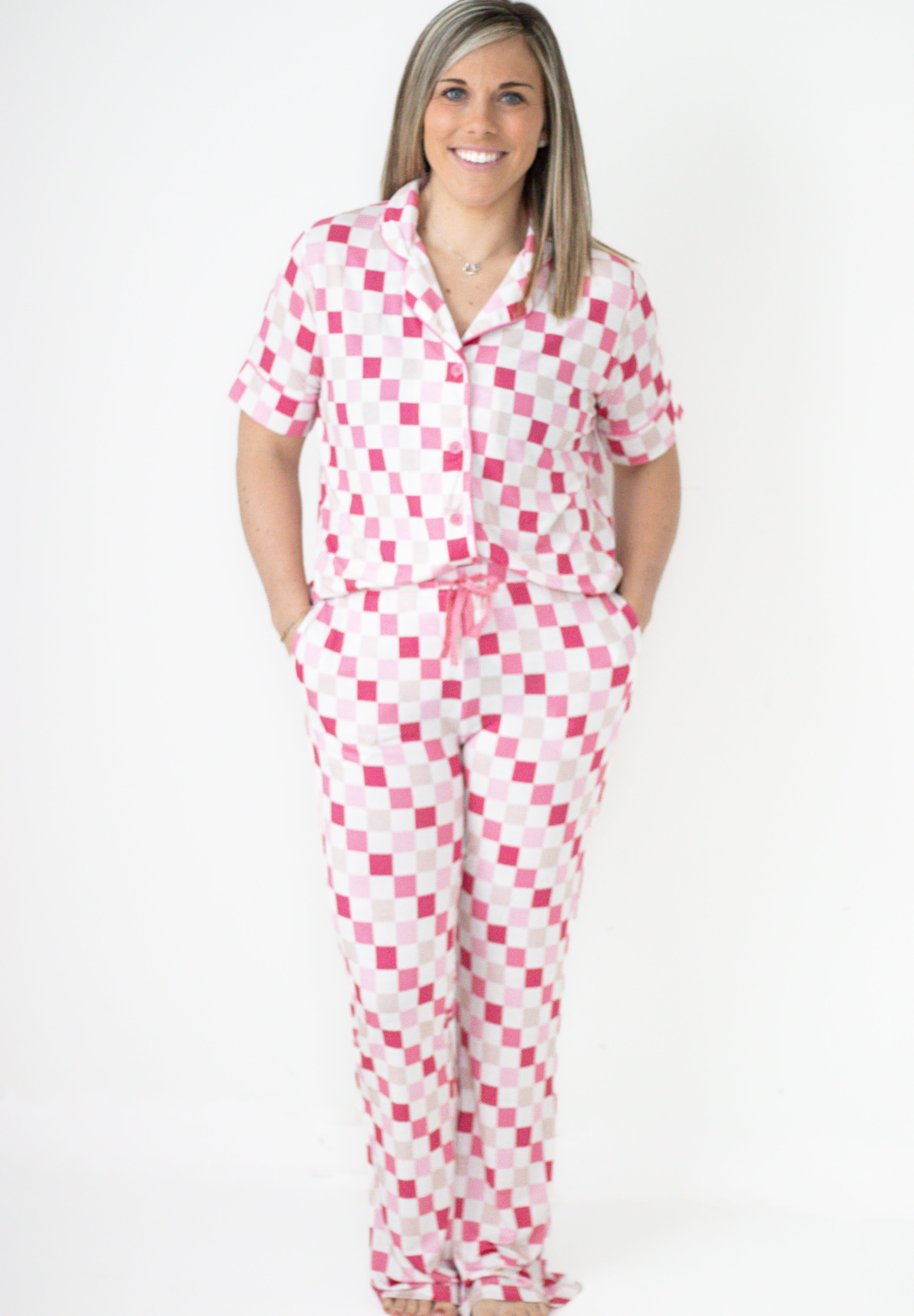 Dreamy Pink Checkers Women's Relaxed Flare Dream Set | Milk & Baby
