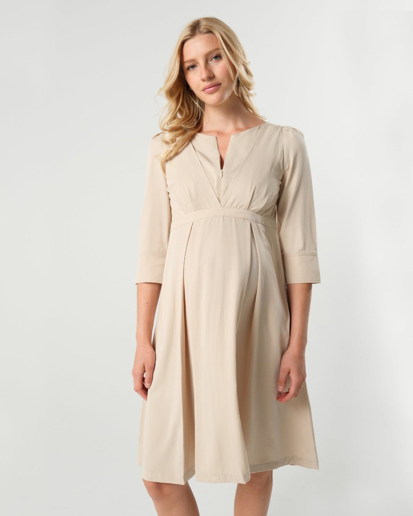 Sarah Empire Maternity & Nursing Dress in TENCEL (Regular & Petite) M / Beige