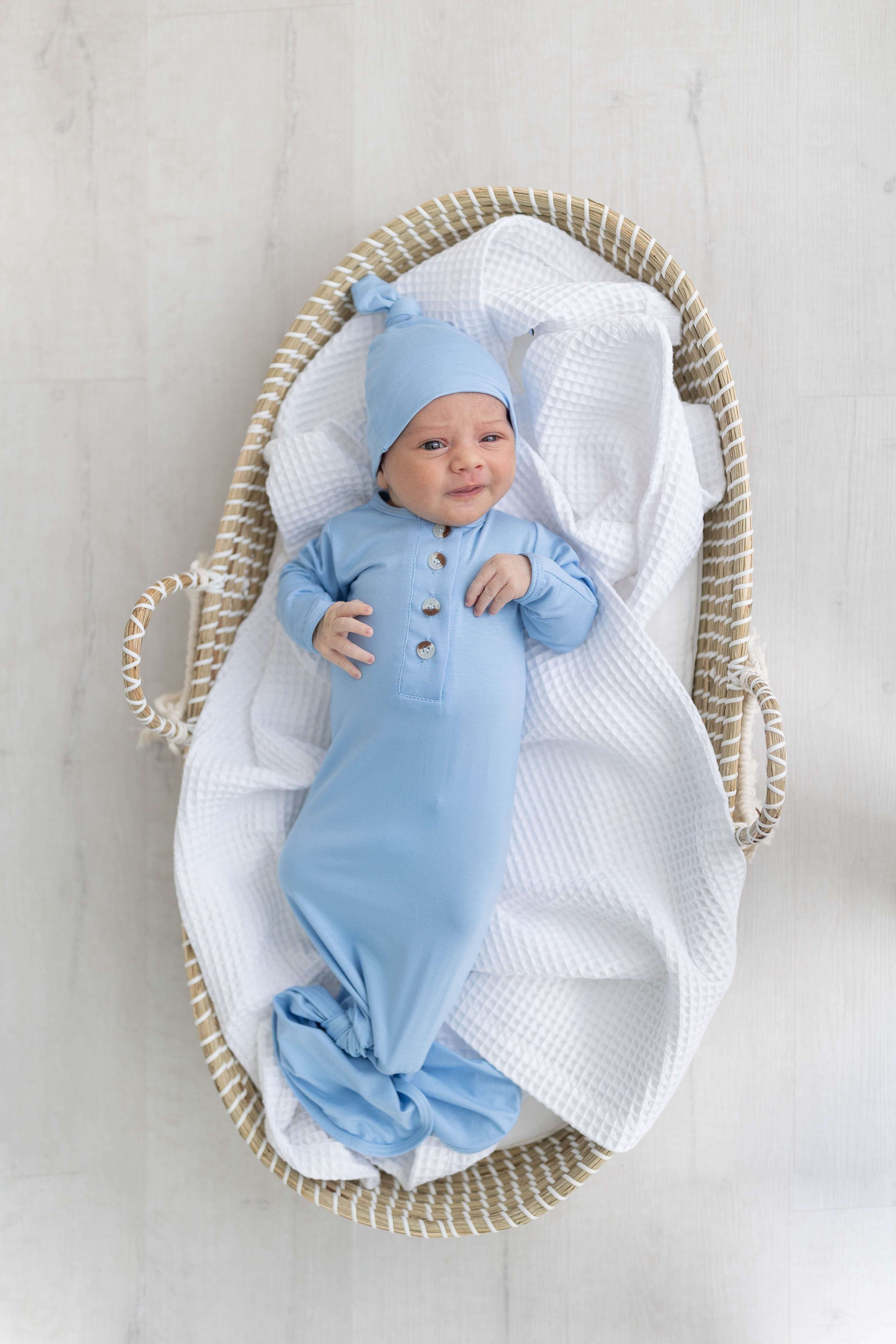 Emerson Knotted Gown & Hat Set | Baby Blue | Milk & Baby