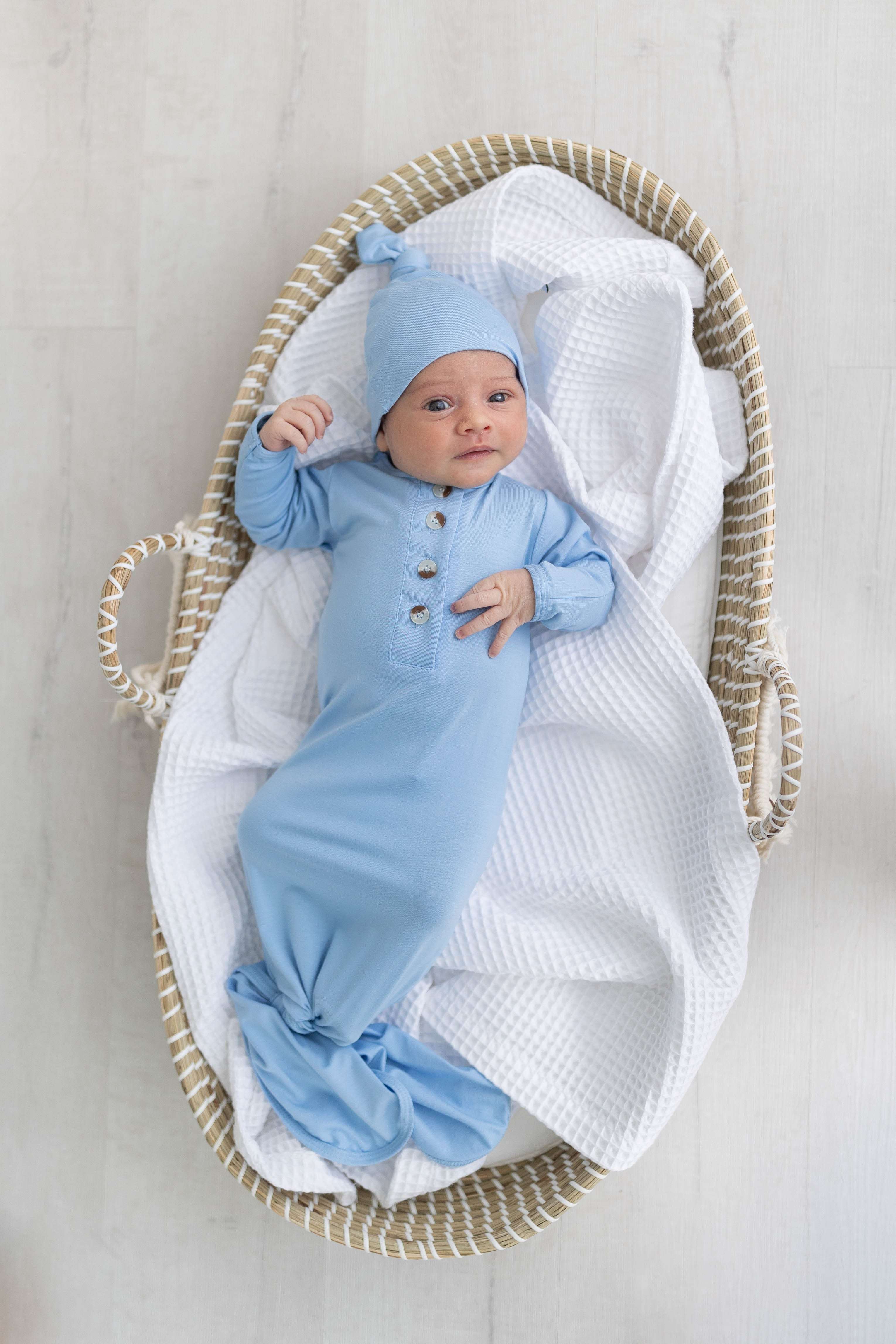Emerson Knotted Gown & Hat Set | Baby Blue | Milk & Baby