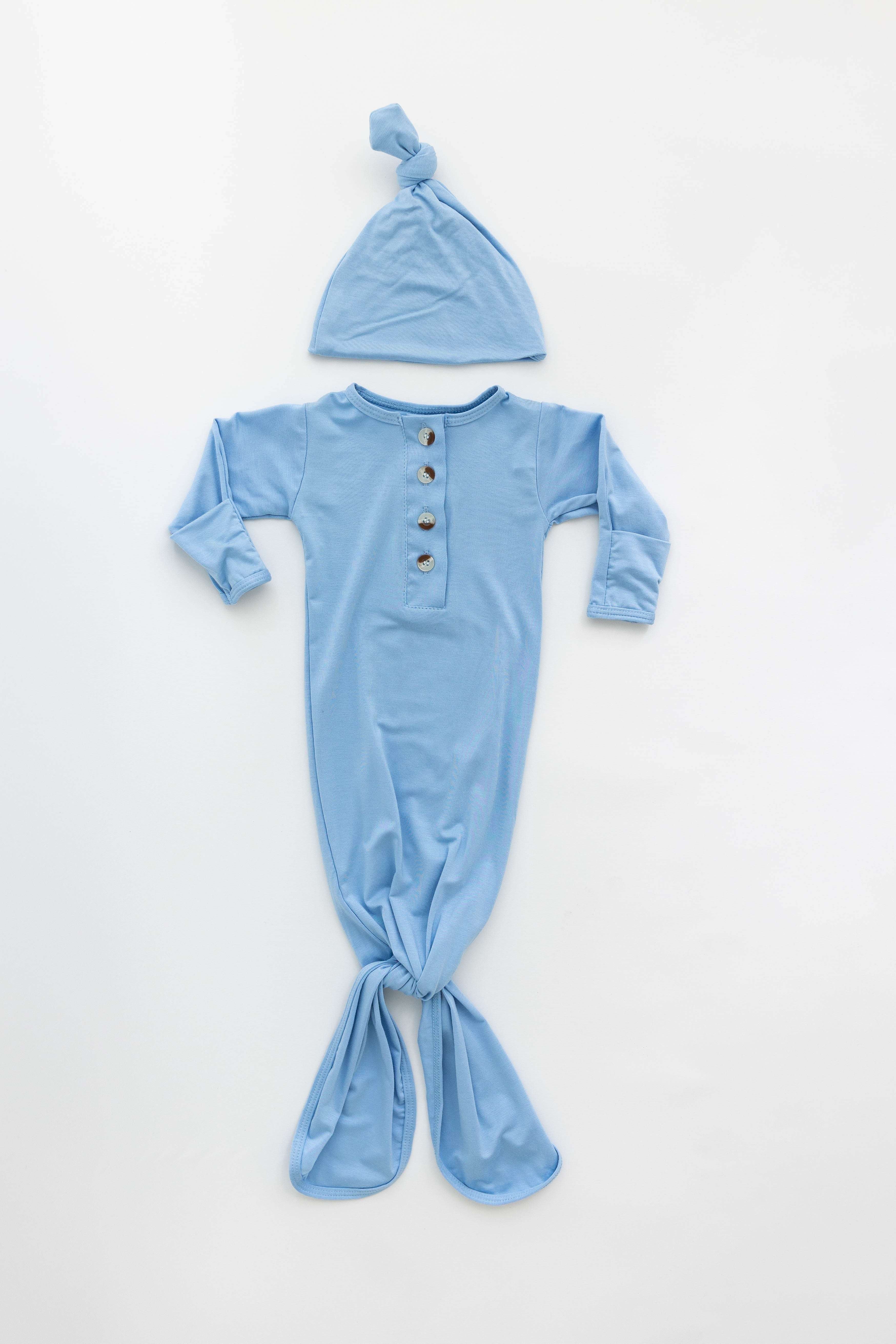 Emerson Knotted Gown & Hat Set | Baby Blue | Milk & Baby