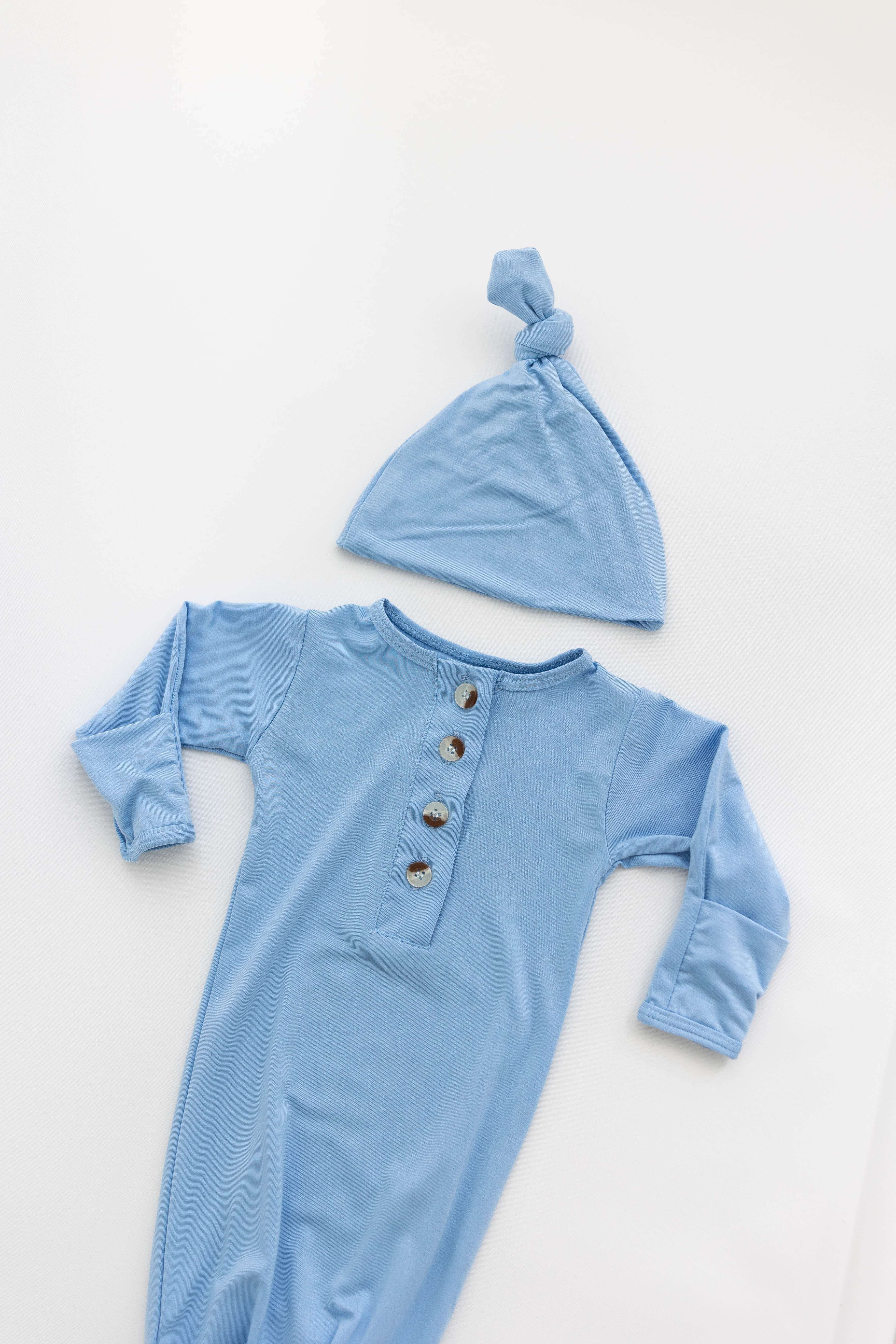 Emerson Knotted Gown & Hat Set | Baby Blue | Milk & Baby