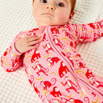 Soft & Stretchy Zipper Footie - Monkeying Around Pink | Milk & Baby