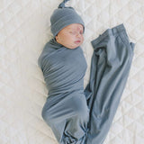 Dusty Blue Bamboo Swaddle Hat OR Head Wrap Set Milk & Baby