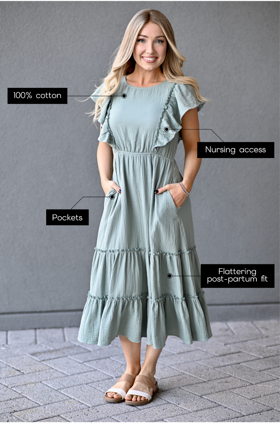 Cotton Gauze Ruffle Midi Dress in Seafoam Green - main