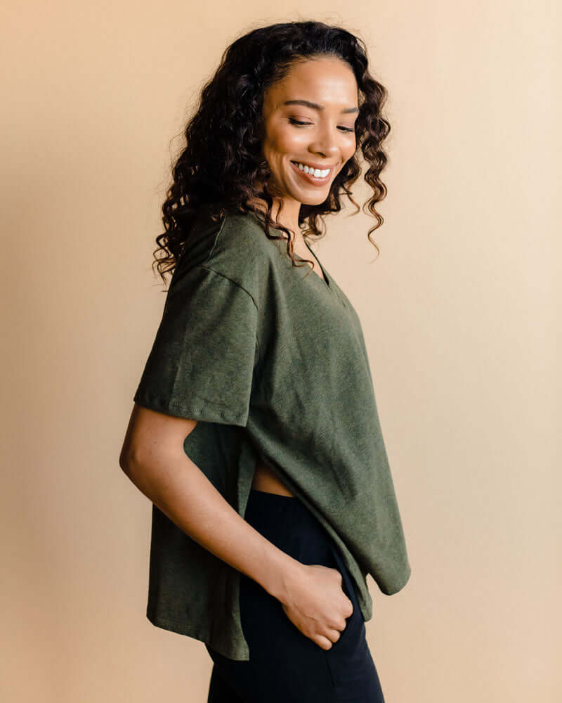 Everyday Every Way Maternity to Nursing V-Neck Tee | Heather Forest | Milk & Baby