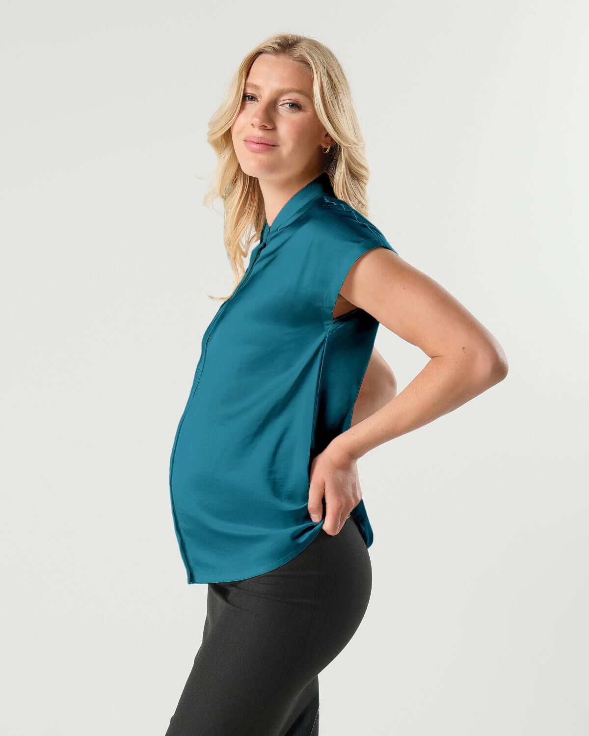 Short Sleeve Satin Maternity Shell Top with Concealed Nursing Zip | Milk & Baby