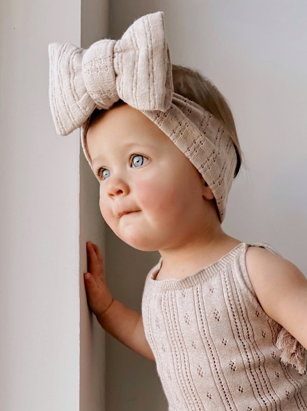 Luna + Luca Pointelle Bow Headband - Beige | Milk & Baby