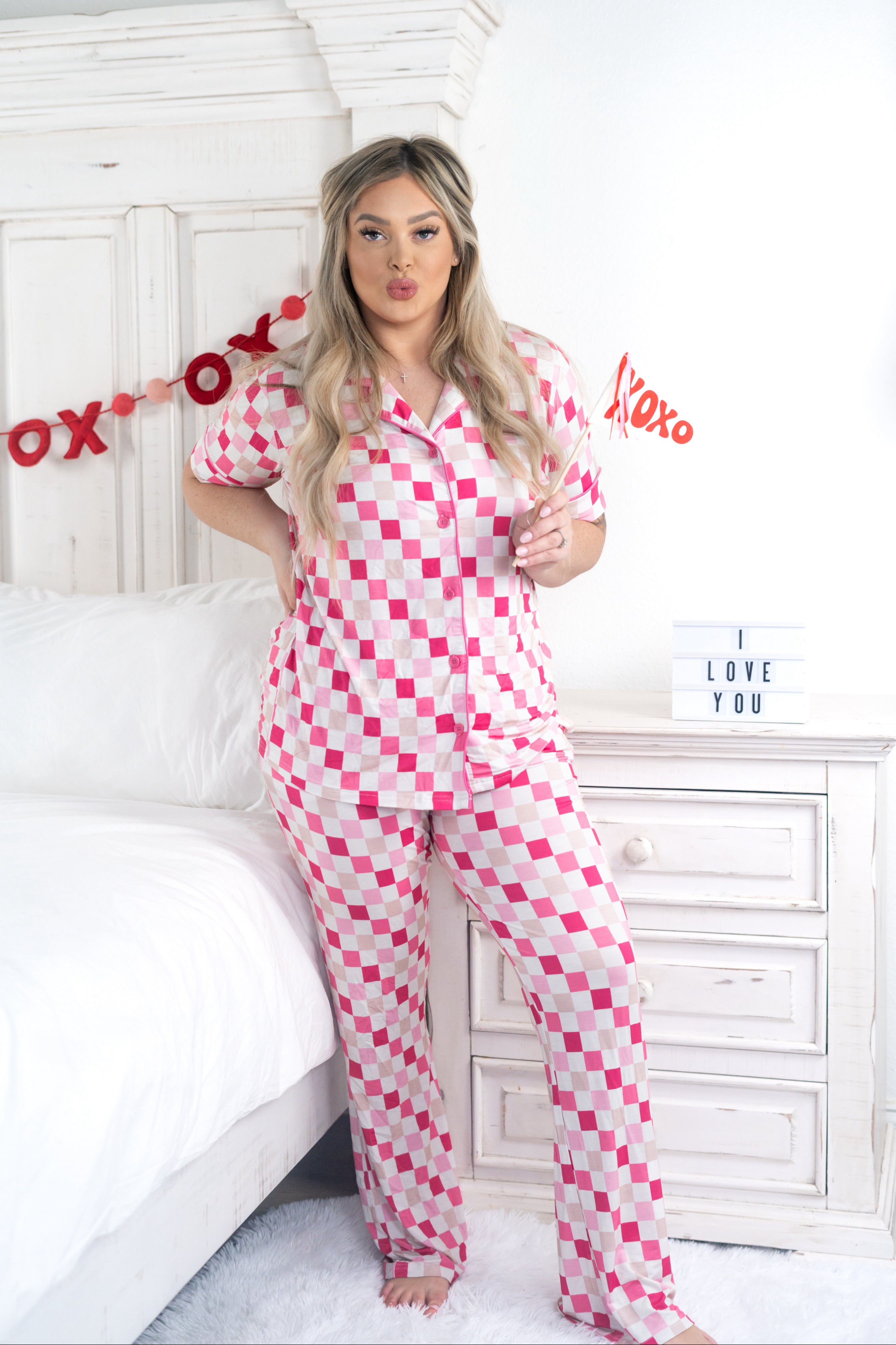 Dreamy Pink Checkers Women's Relaxed Flare Dream Set | Milk & Baby