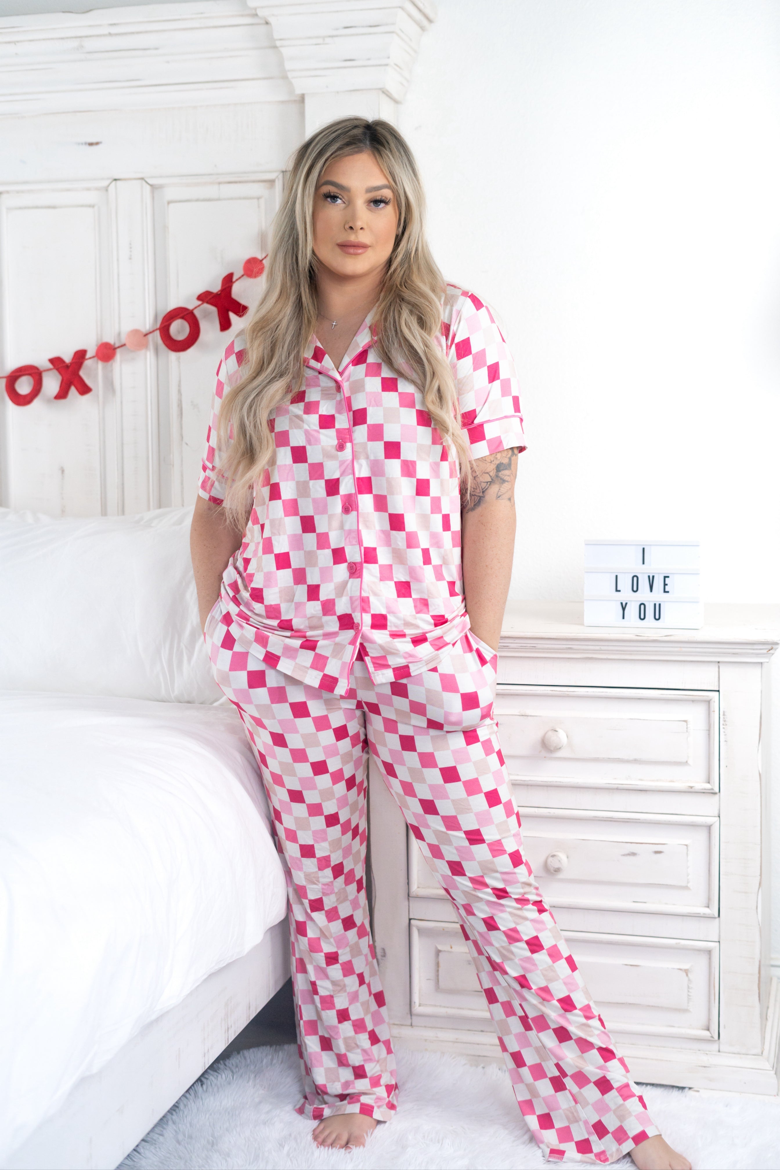 Dreamy Pink Checkers Women's Relaxed Flare Dream Set | Milk & Baby