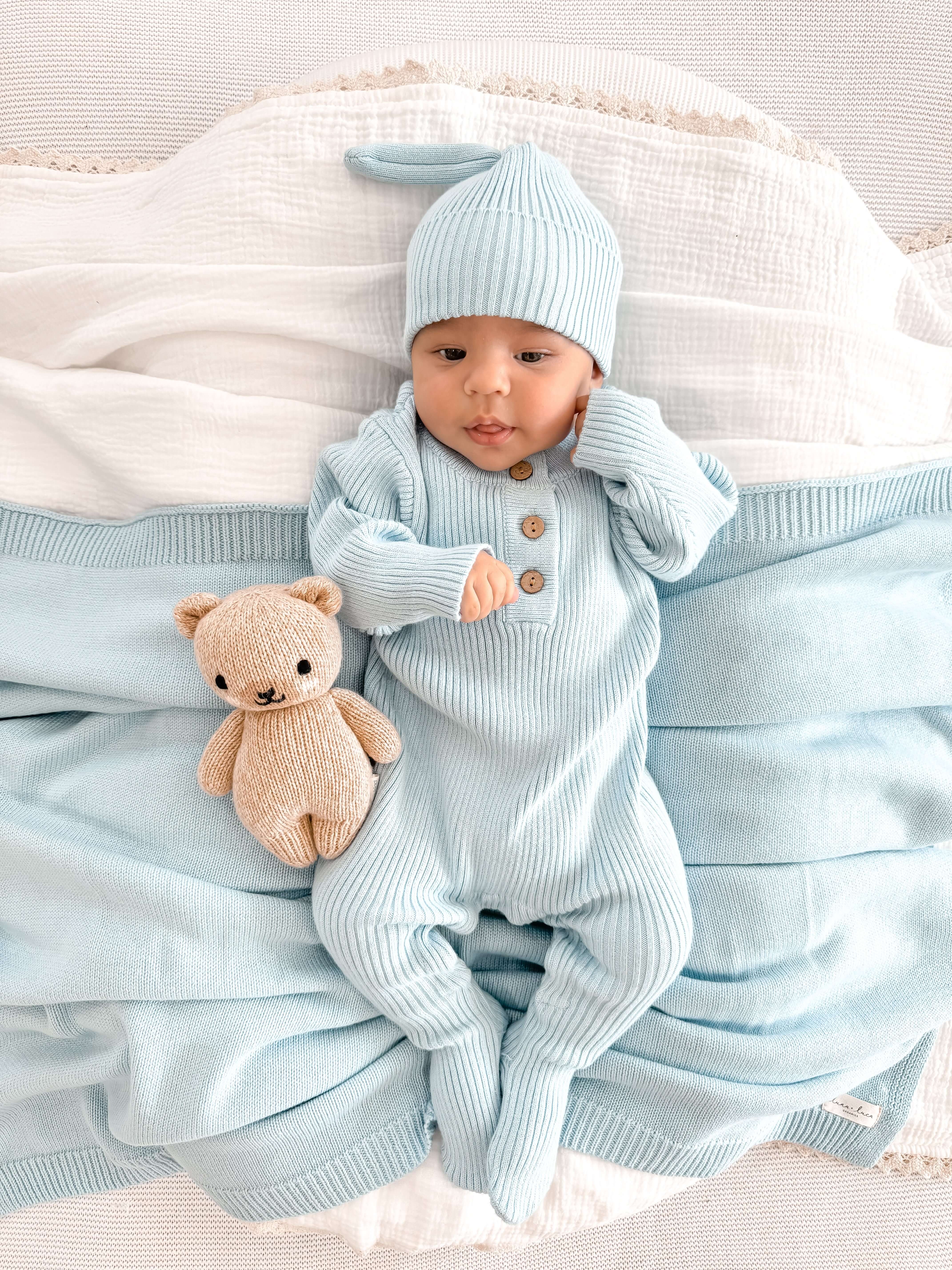 Baby Rib Henley Bundle | Powder Blue | Discover the baby Rib Henley Bundle for cozy style! Featuring a soft jumpsuit and beanie, it’s perfect for your little one from head to toe. | Milk & Baby