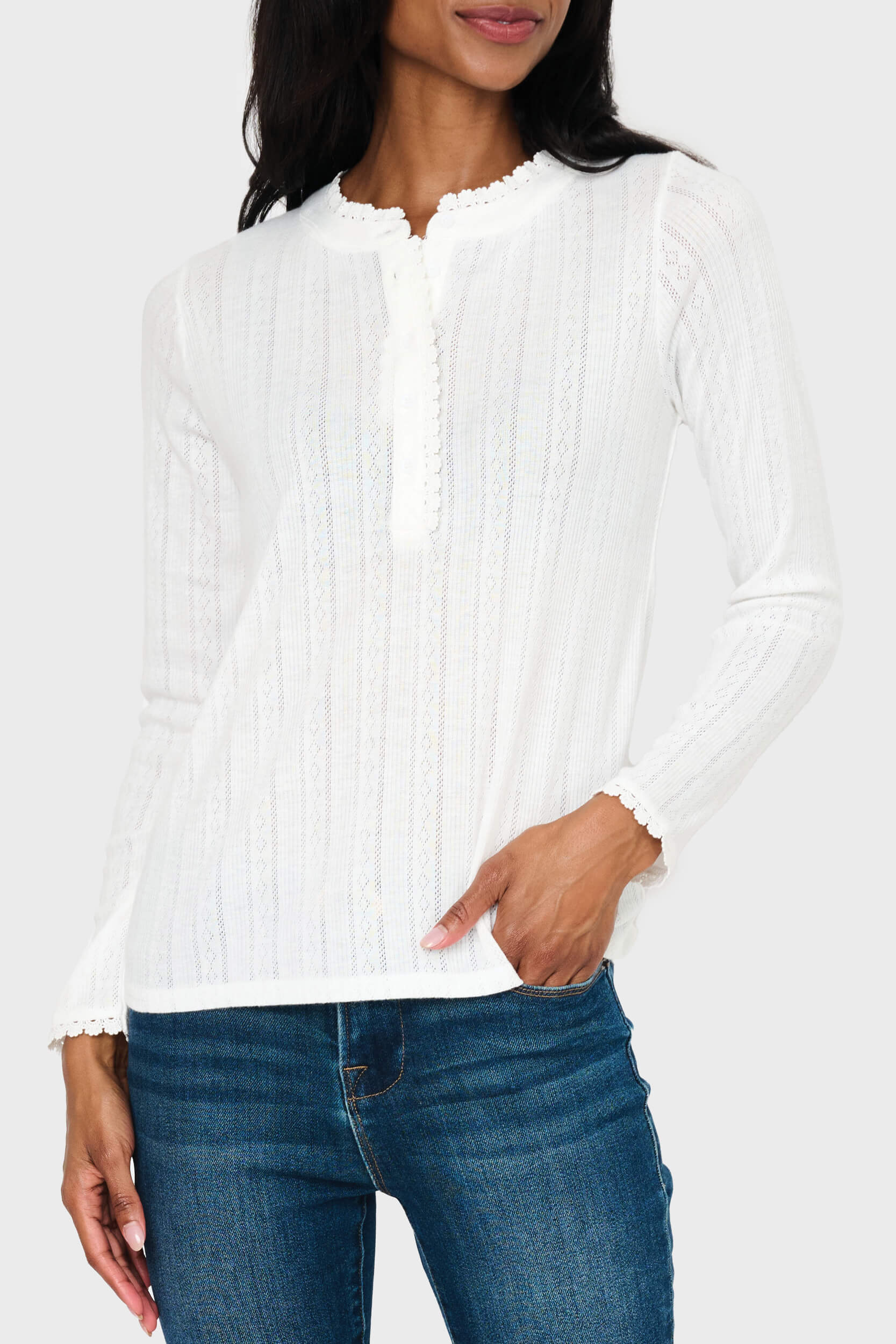 Ava Crochet Trim Pointelle Henley Top